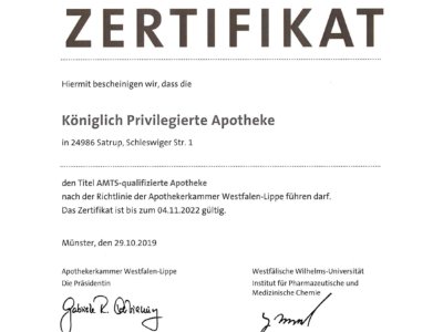 AMTS Zertifikat Kgl. Priv. Apotheke Satrup in Mittelangeln